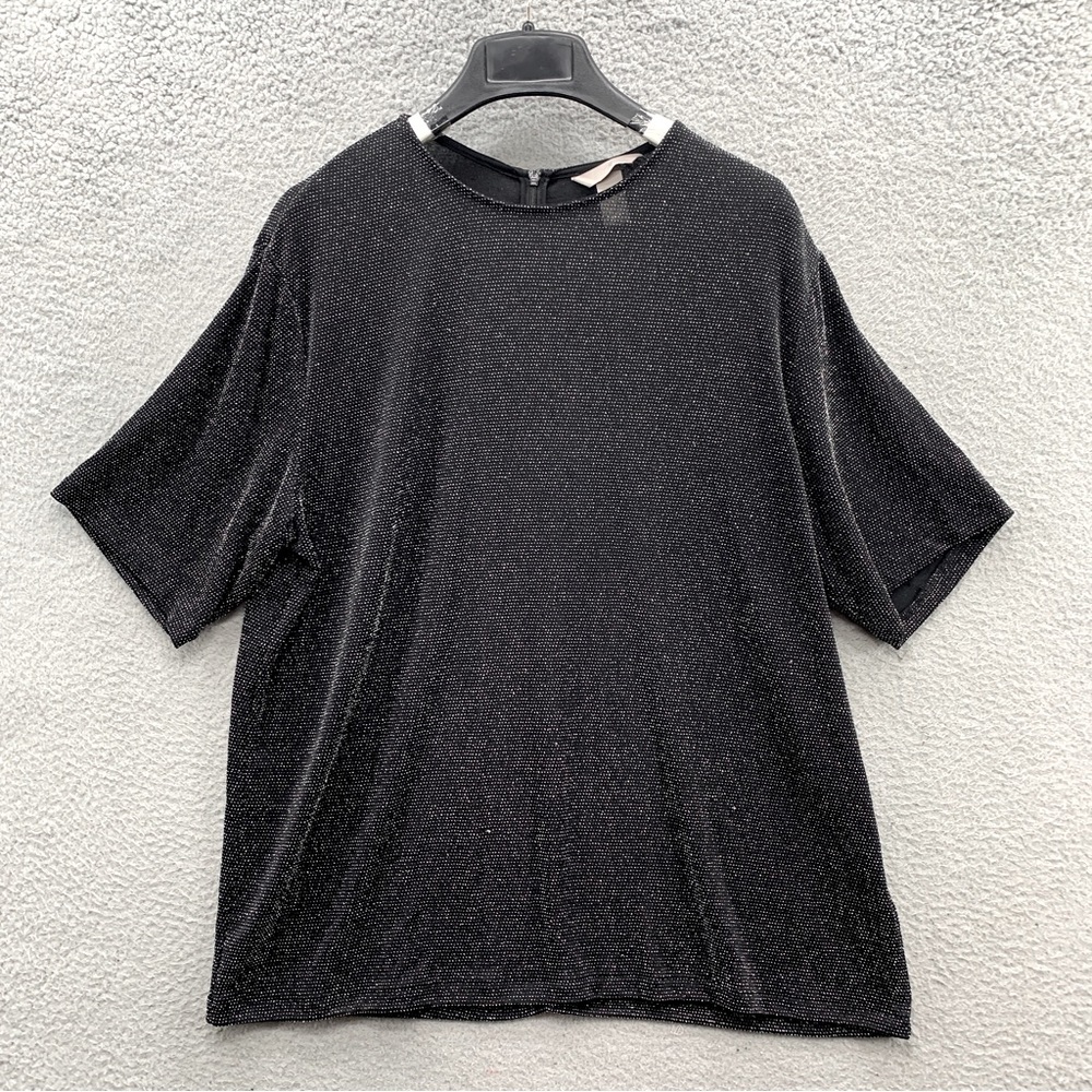 H&M Women Black Metallic Sparkle Size L Top Blouse Shirt Short Sleeve Round Neck